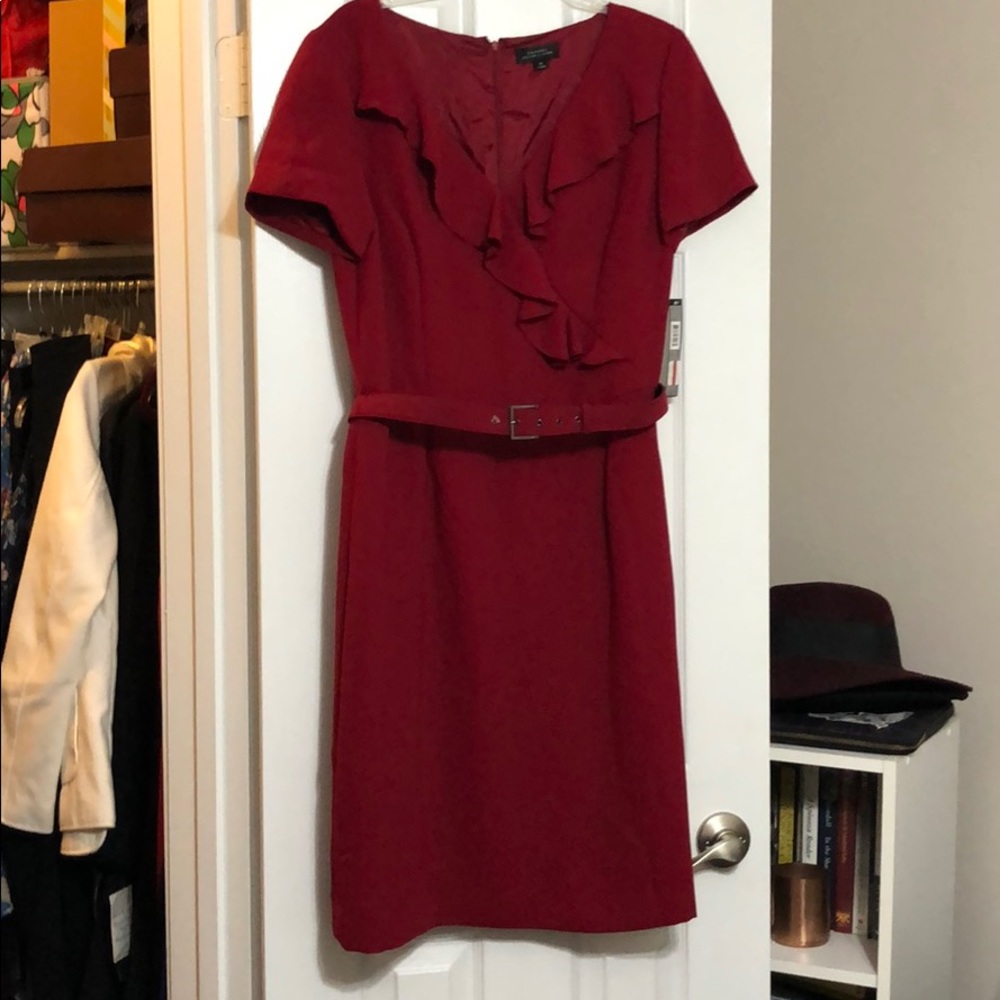 Tahari Red Belted Dress w Ruffled V-neck